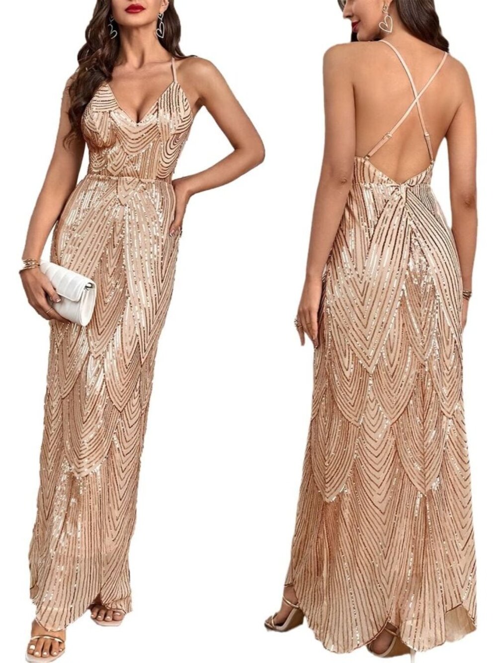 Women's Beige V Neck Spaghetti Straps Sparkly Glitter Backless Maxi Dress